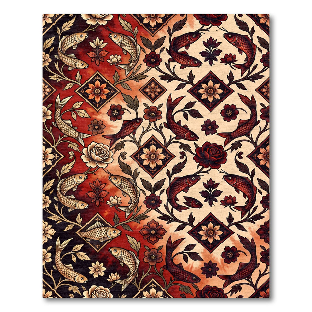 Crimson Gold Koi Floral Medallions Rug