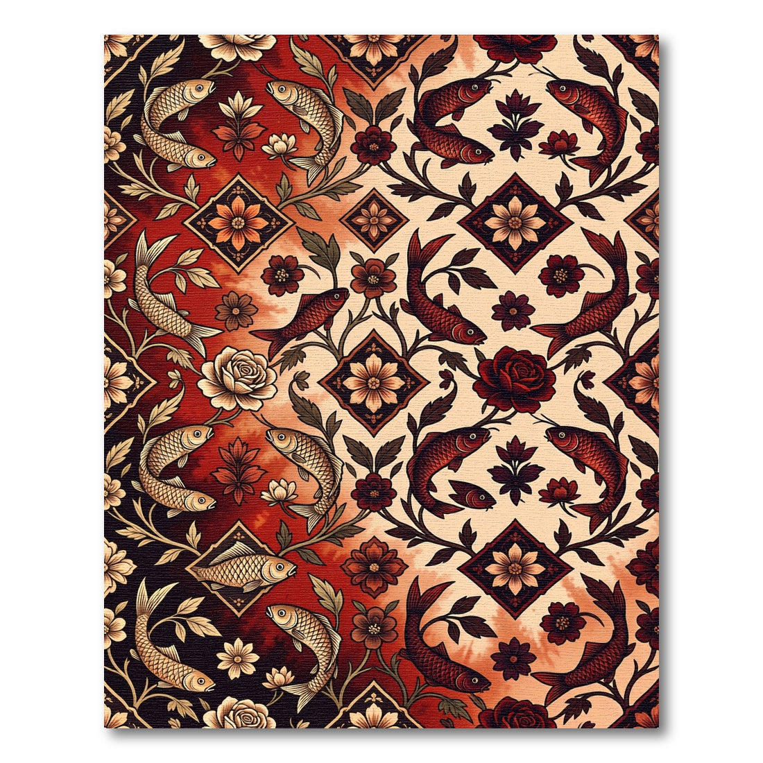 Crimson Gold Koi Floral Medallions Rug