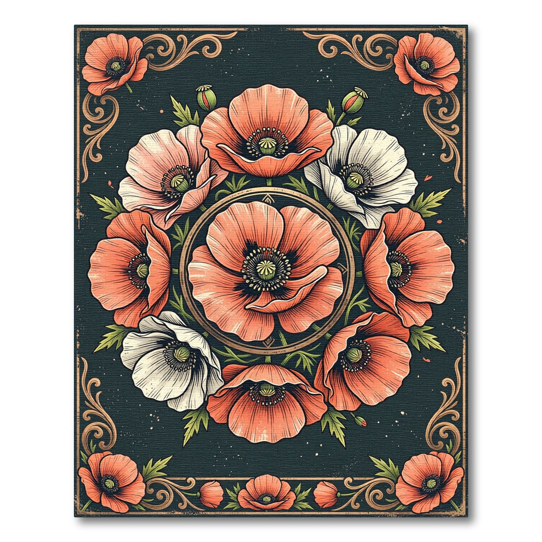 Elegant Poppy Wreath Dark Botanical Area Rug