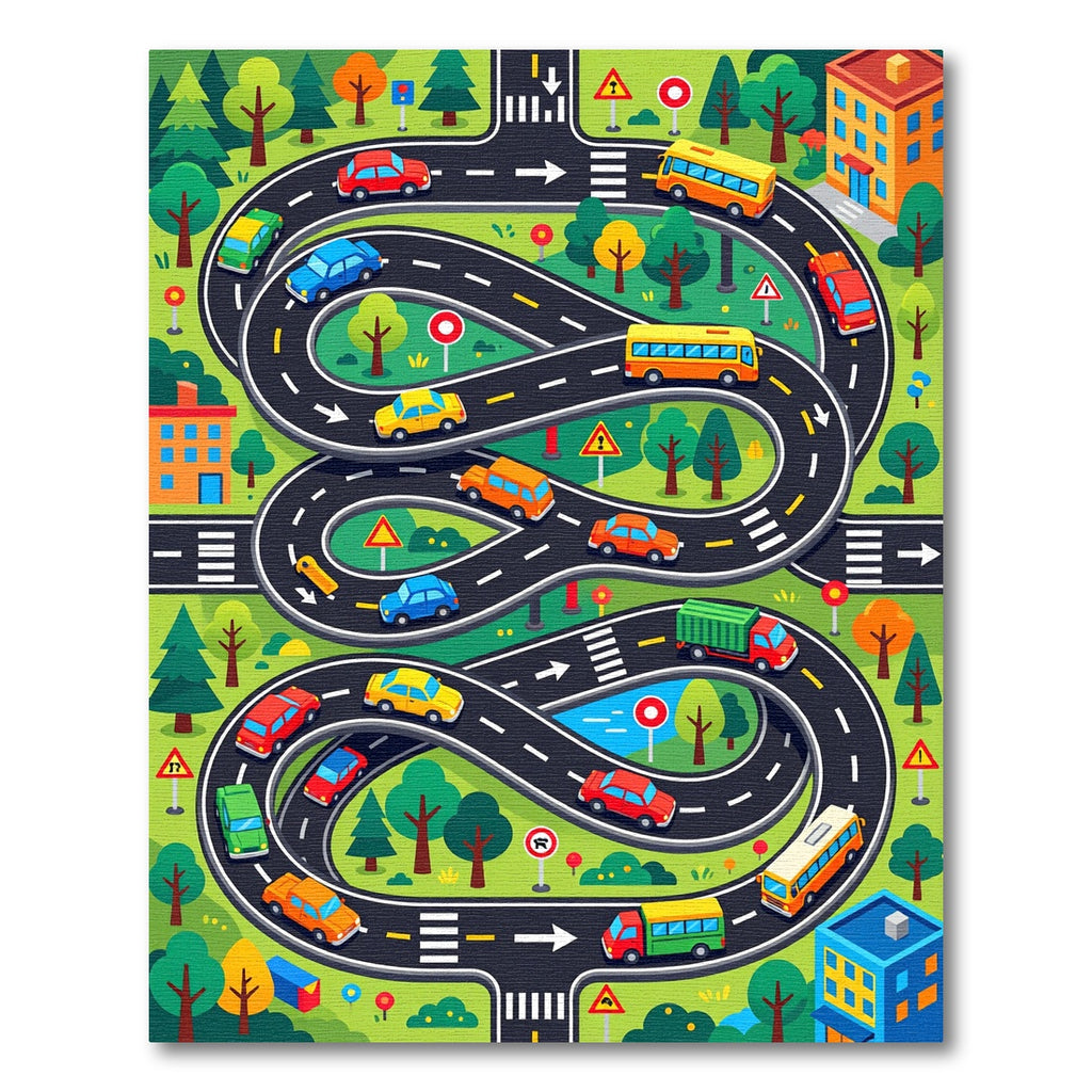 Playful Colorful Road Traffic City Map Rug