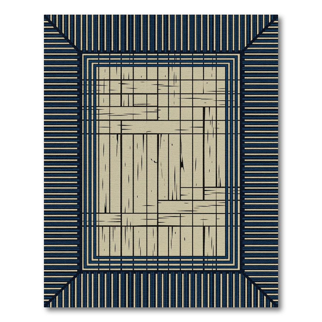 Japanese Wood Texture Navy Striped Border Rug