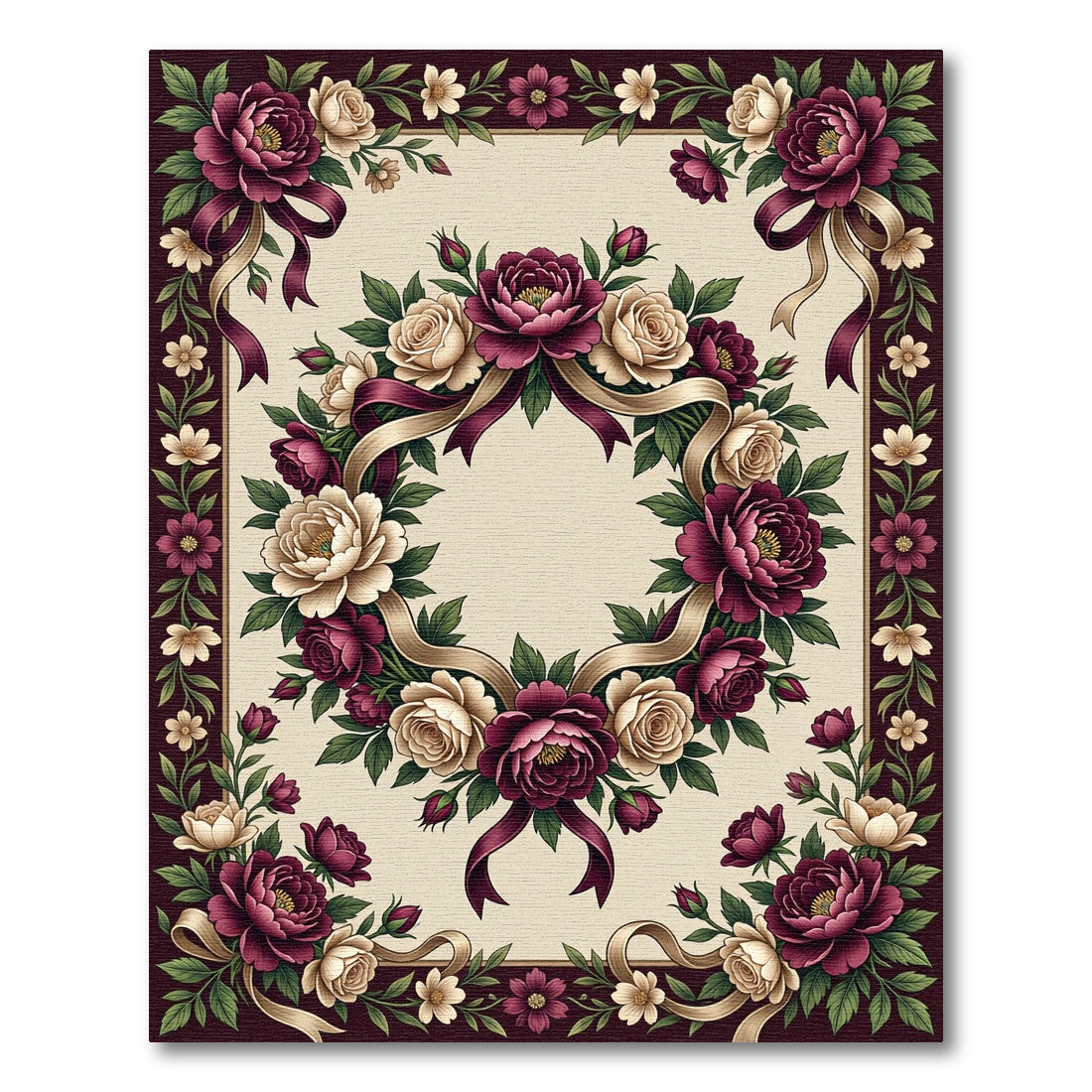Deep Burgundy Cream Floral Wreath Ribbons Rug