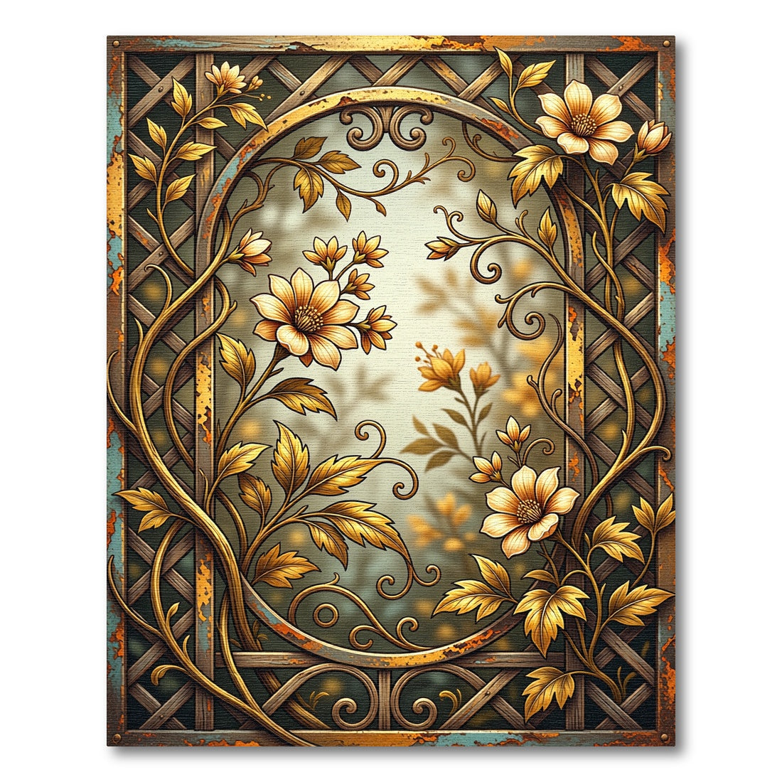 Gilded Golden Floral Trellis Scroll Rug