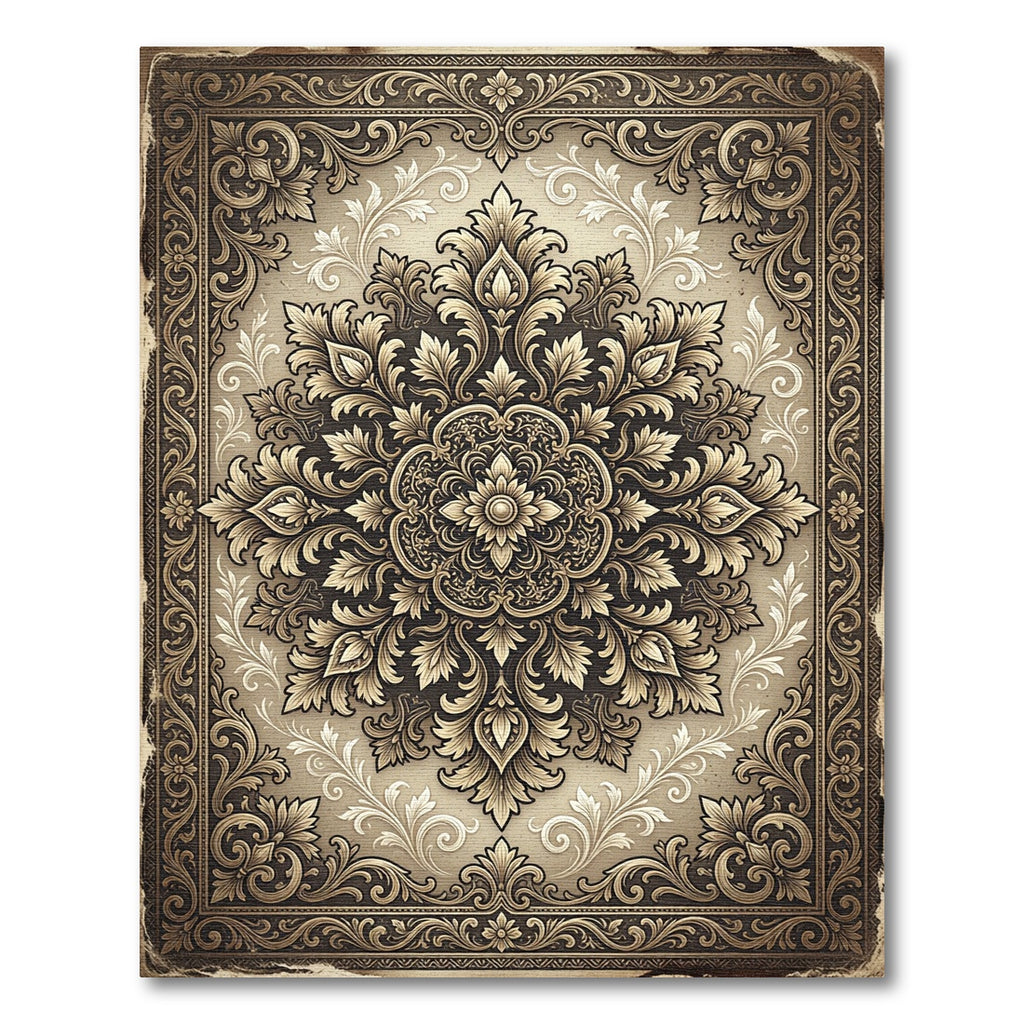 Ornate Gold Floral Damask Medallion Rug