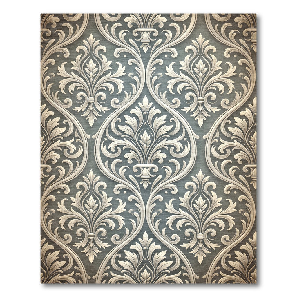 Elegant Gray White Damask Floral Scroll Rug