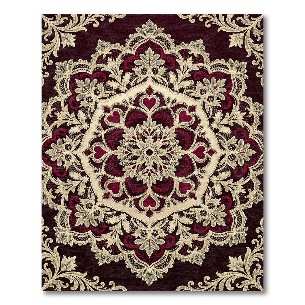 Burgundy Cream Lace Medallion Arrangement Rug