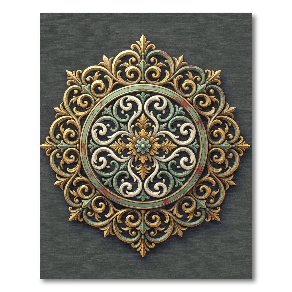 Ornate Sage And Gold Filigree Medallion Rug
