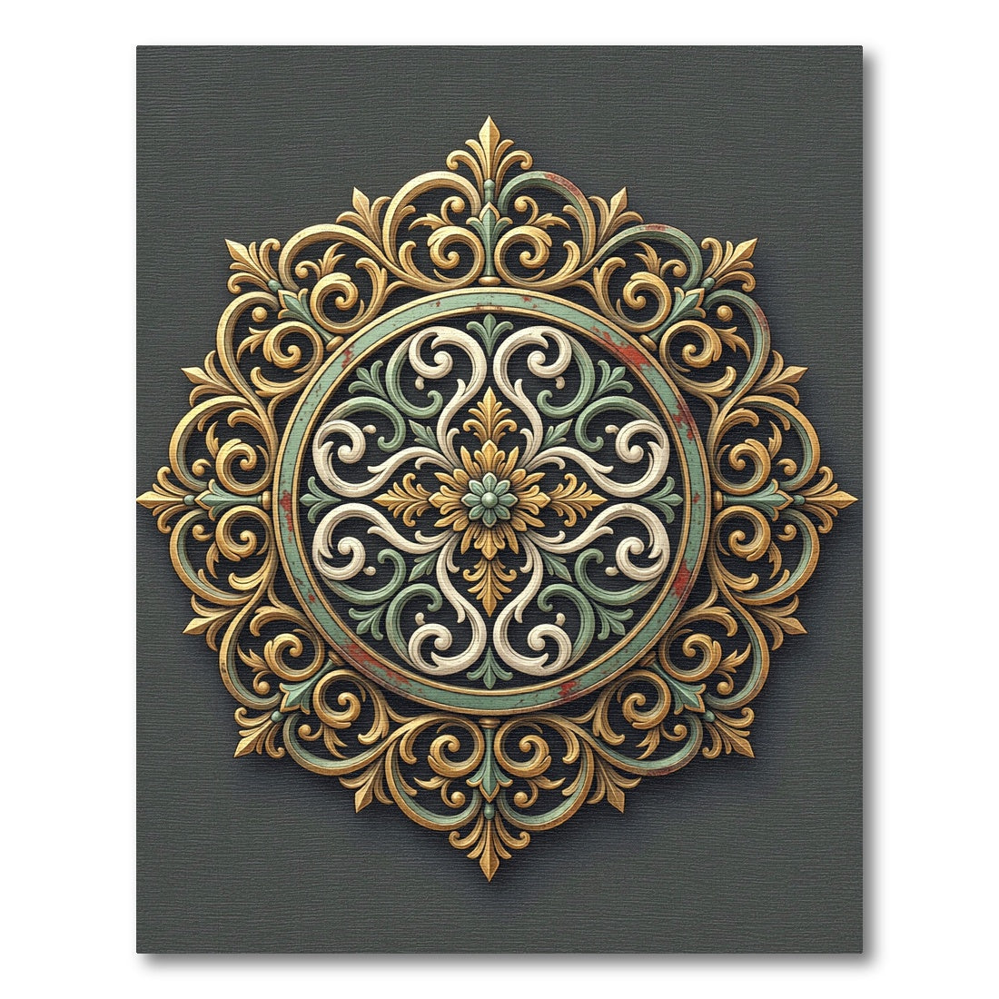 Ornate Sage And Gold Filigree Medallion Rug