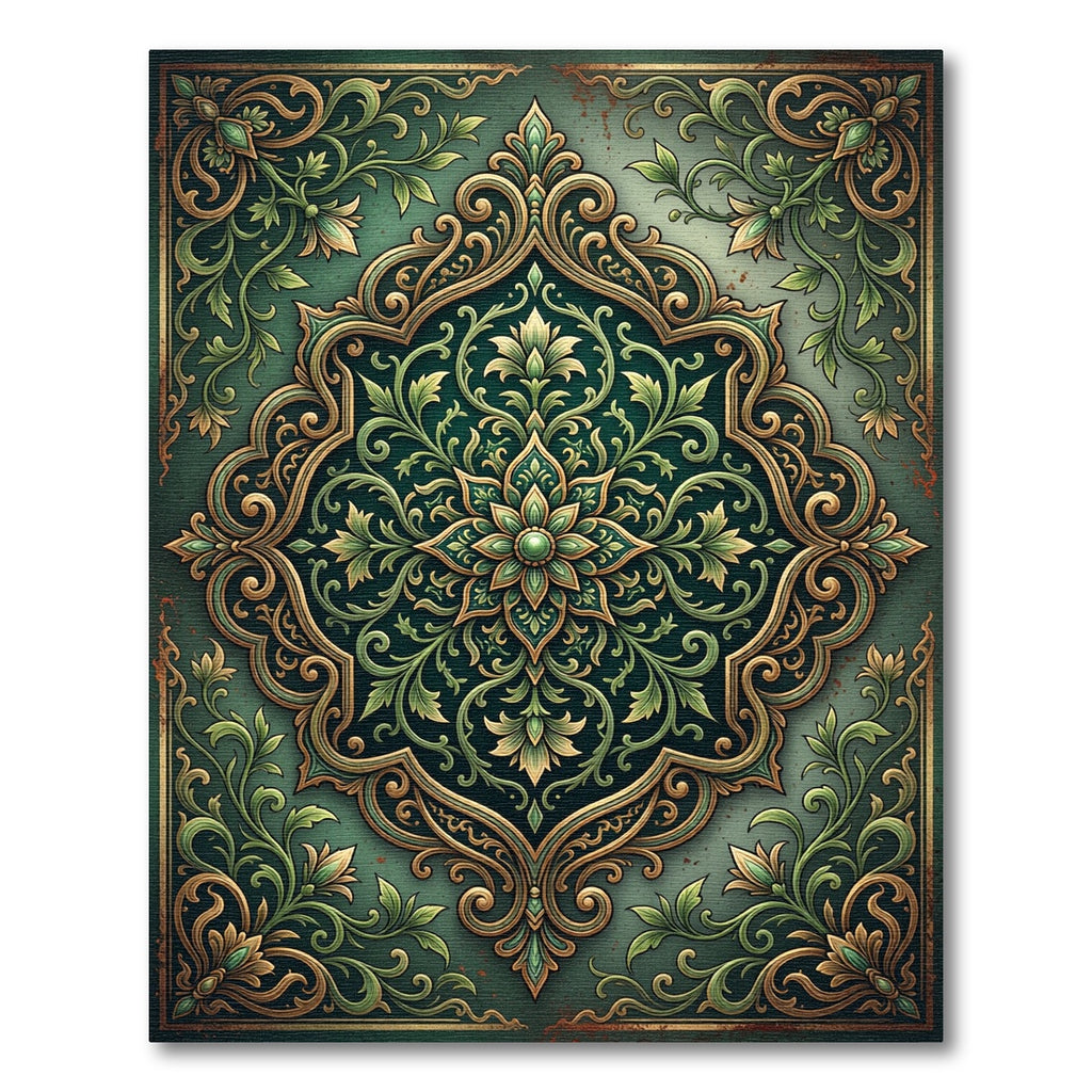 Emerald Gold Floral Arabesque Frame Rug