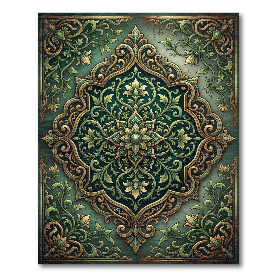 Emerald Gold Floral Arabesque Frame Rug