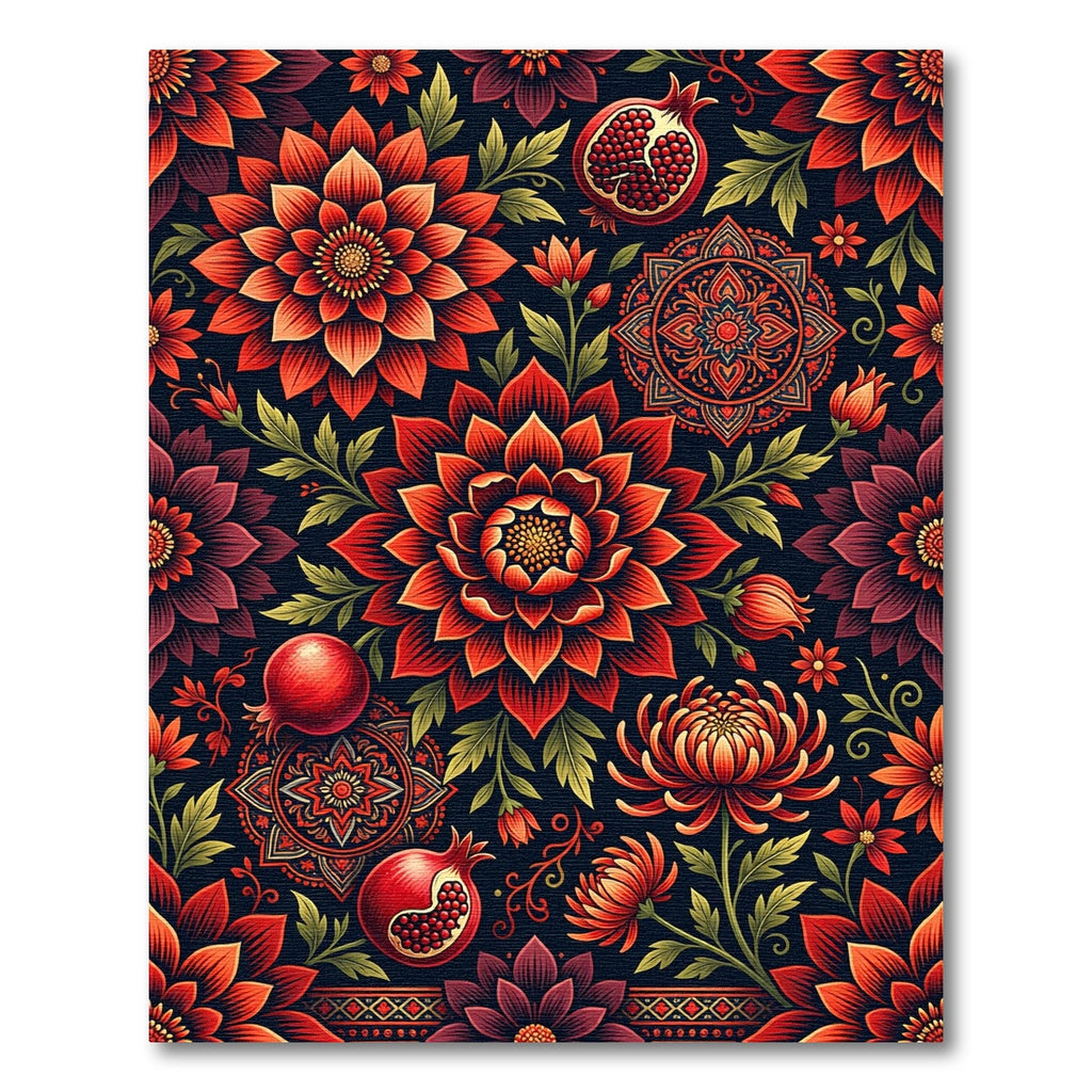 Crimson Red Floral Pomegranate Mandala Rug