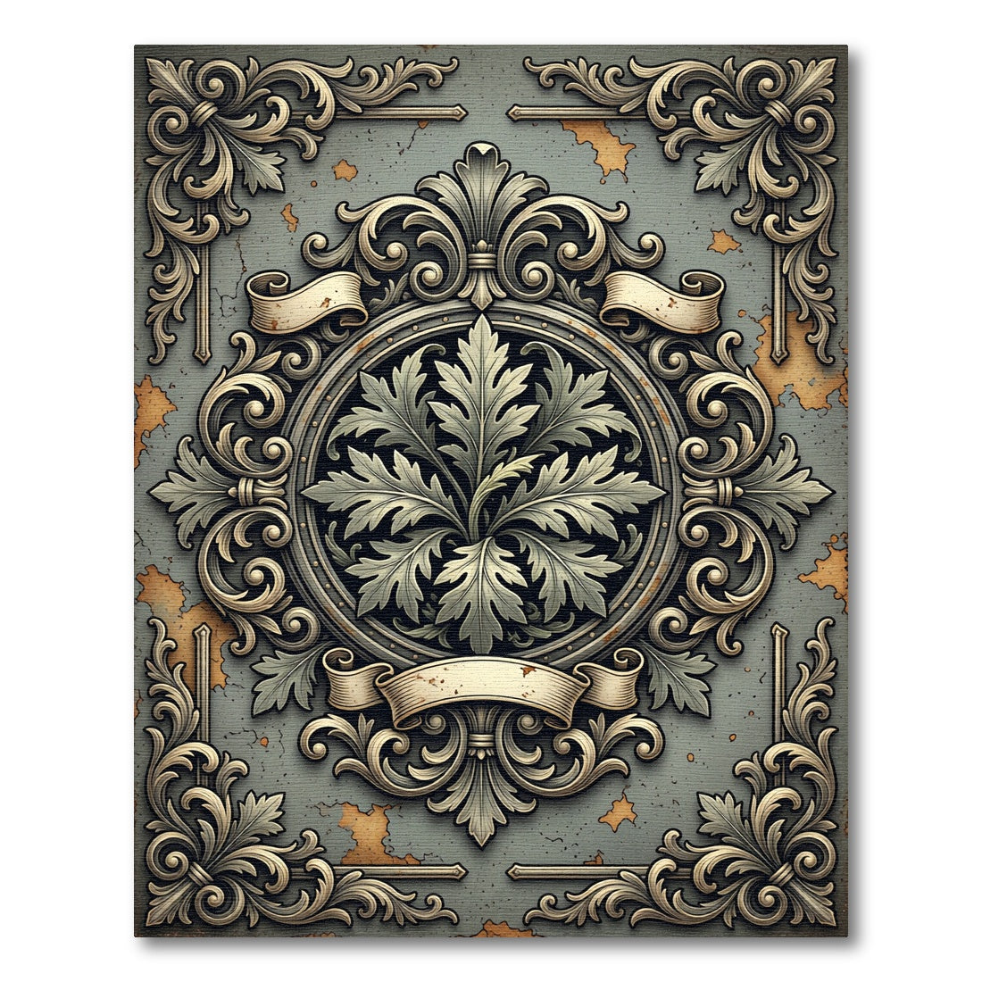 Ornate Scrollwork Acanthus Leaf Emblem Rug