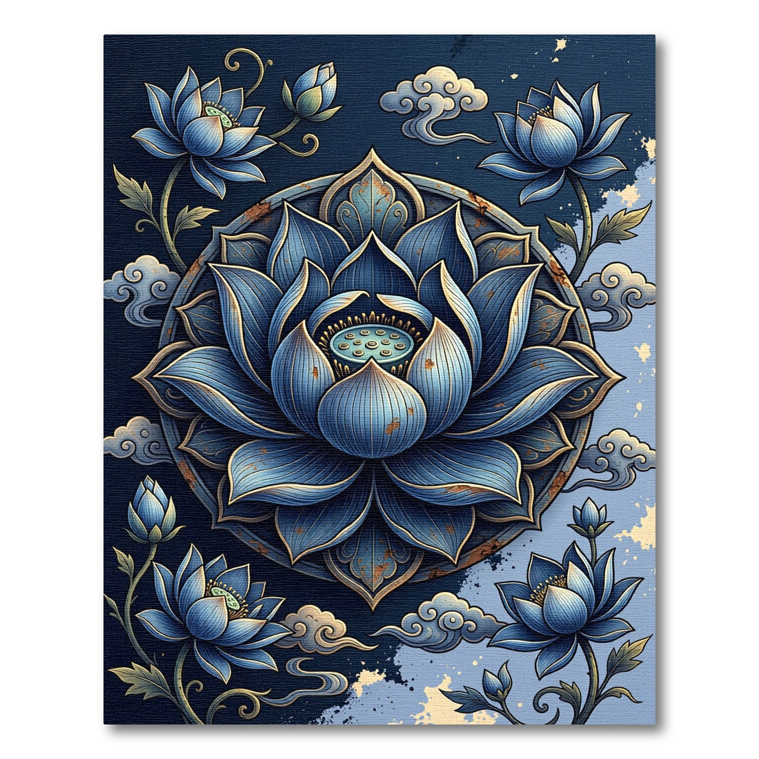 Elegant Navy Lotus Mandala Cloud Arrangement Rug