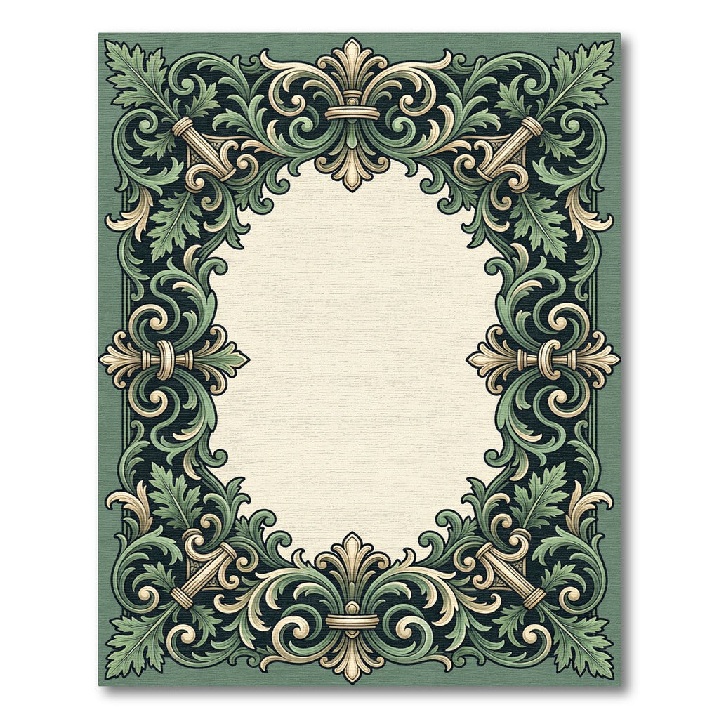 Green Accented Floral Scrollwork Frame Rug