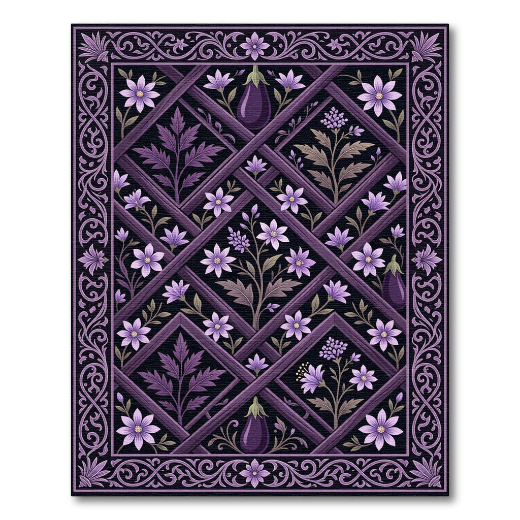Dark Purple Floral Trellis Aubergine Rug