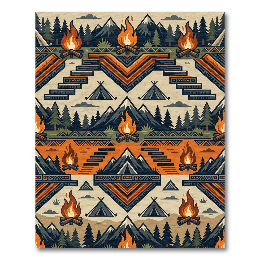 Geometric Mountain Campfire Earth Tone Textile Rug