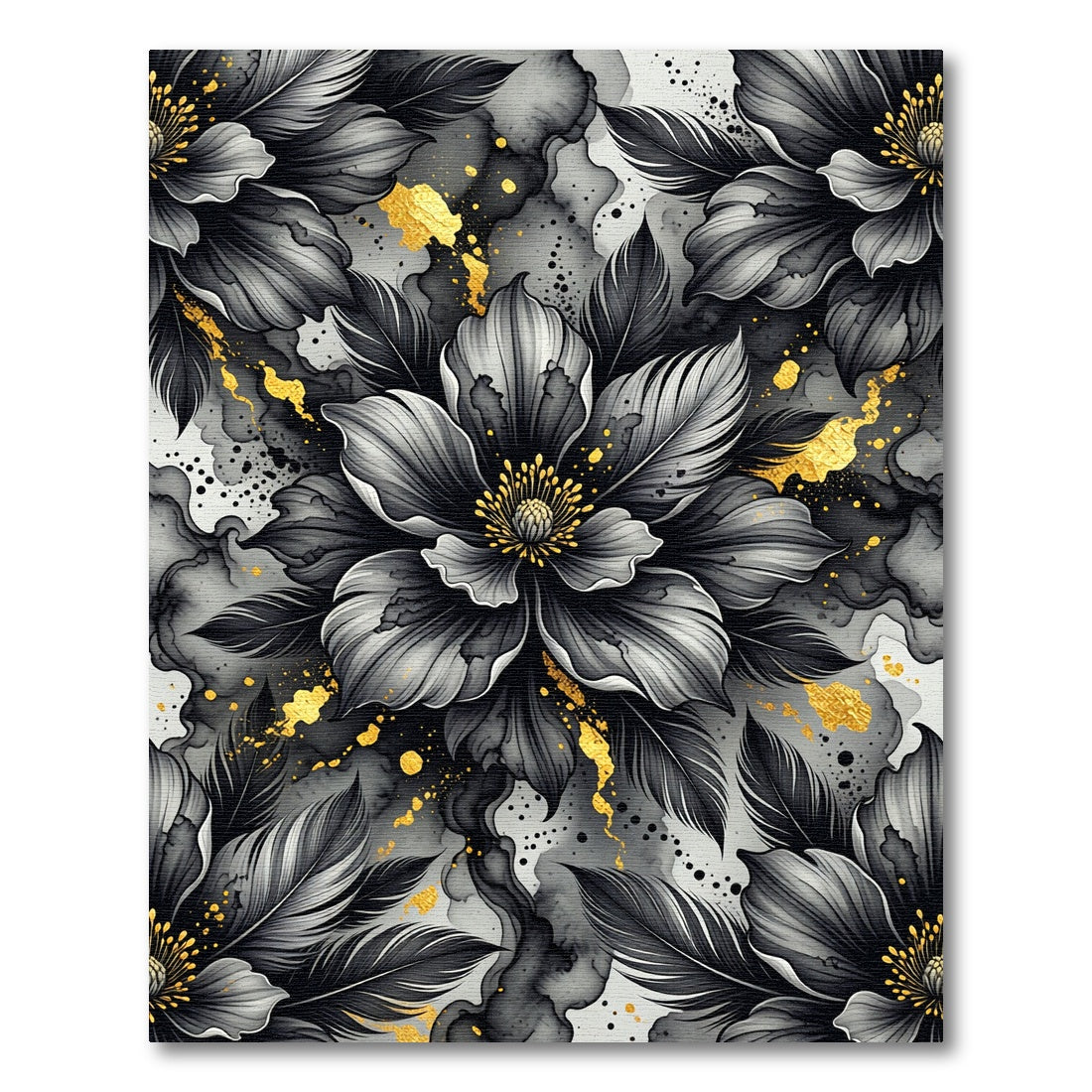 Elegant Black Floral Gold Ink Flow Rug