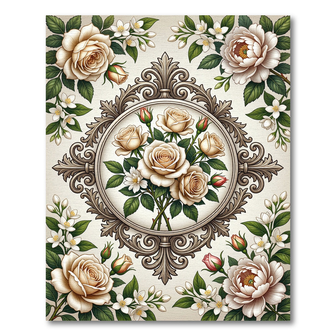 Elegant Victorian Cream Rose Medallion Rug