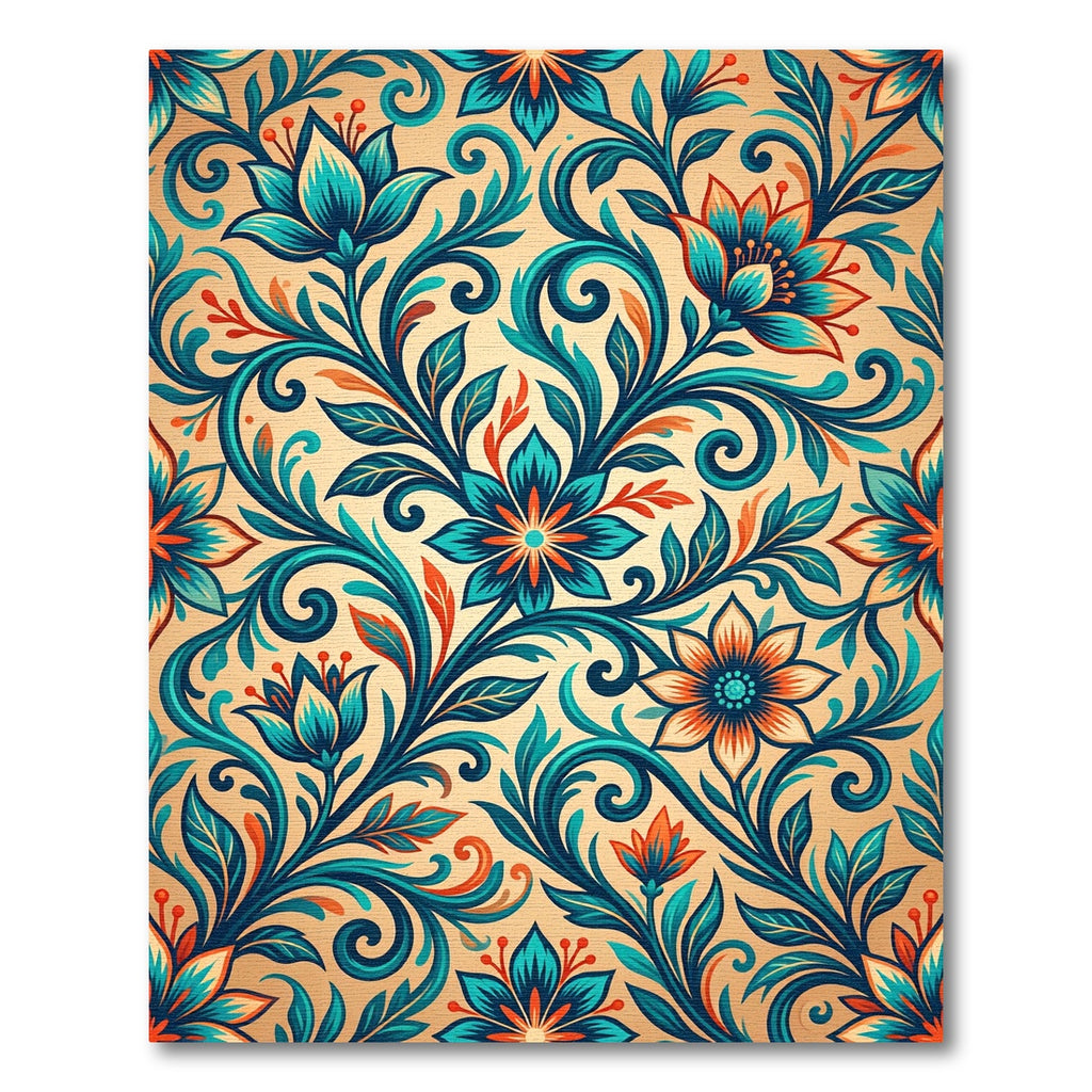 Teal and Orange Ornate Floral Scroll Rug