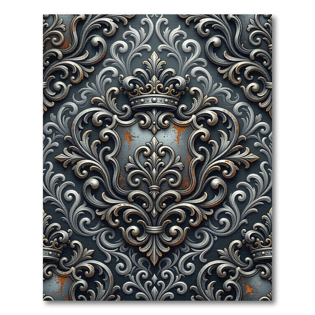 Elegant Silver Crowned Damask Heraldic Art Rug
