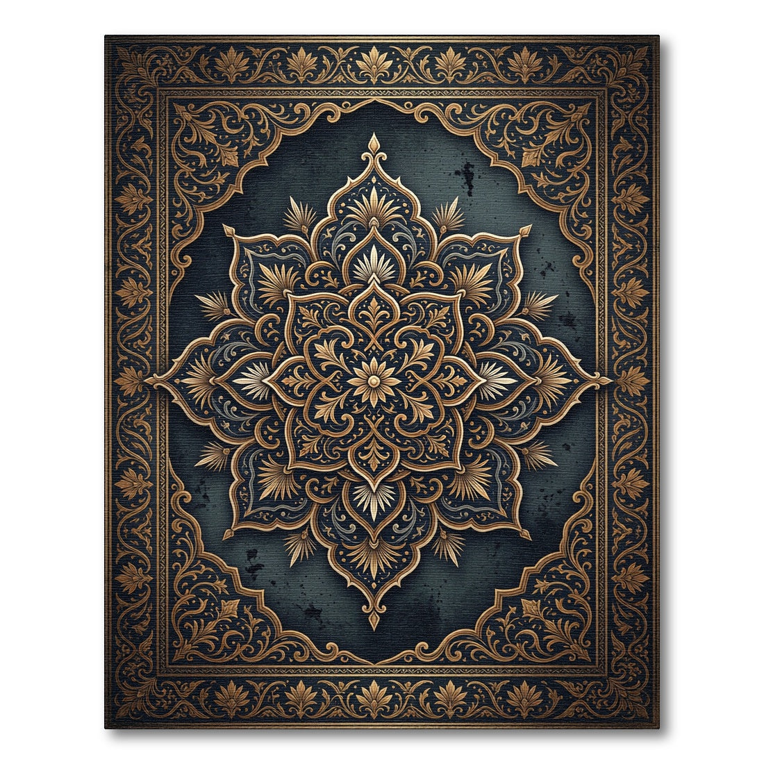 Ornate Gold Floral Medallion Charcoal Backdrop Rug