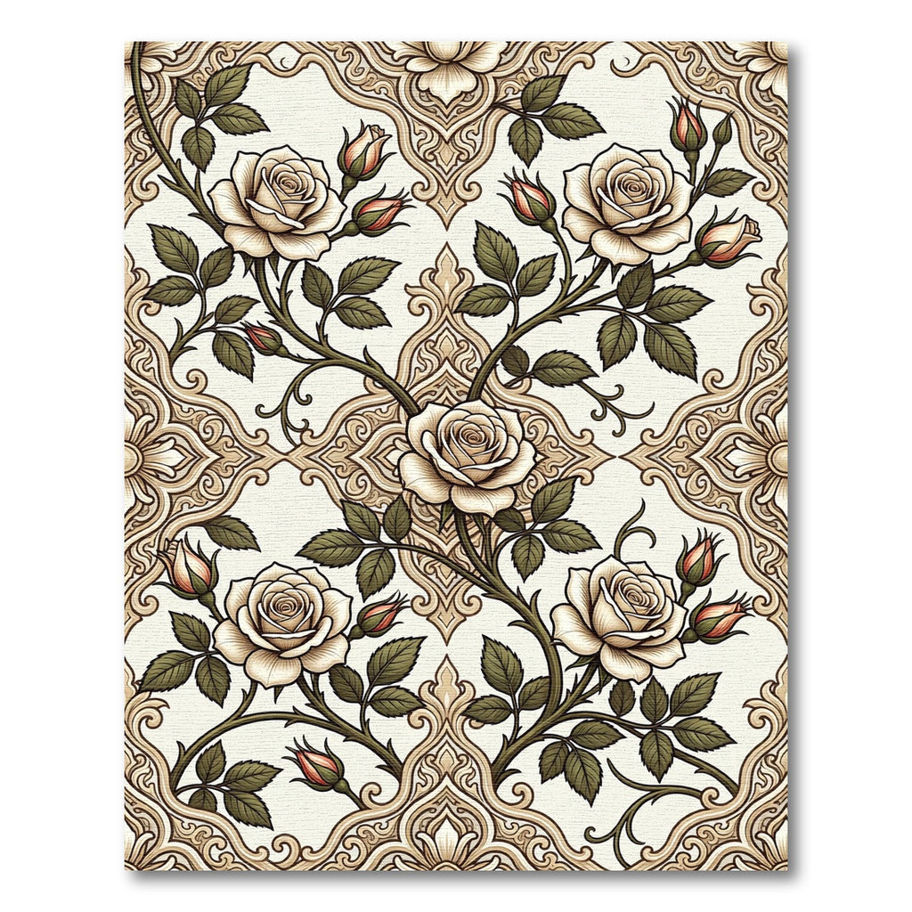 Elegant Cream Rose Floral Damask Rug