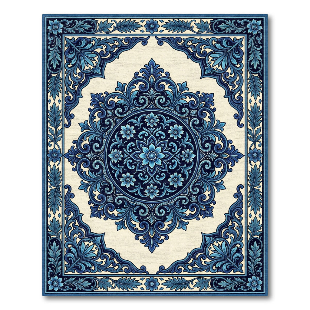 Deep Blue Floral Scroll Medallion Rug