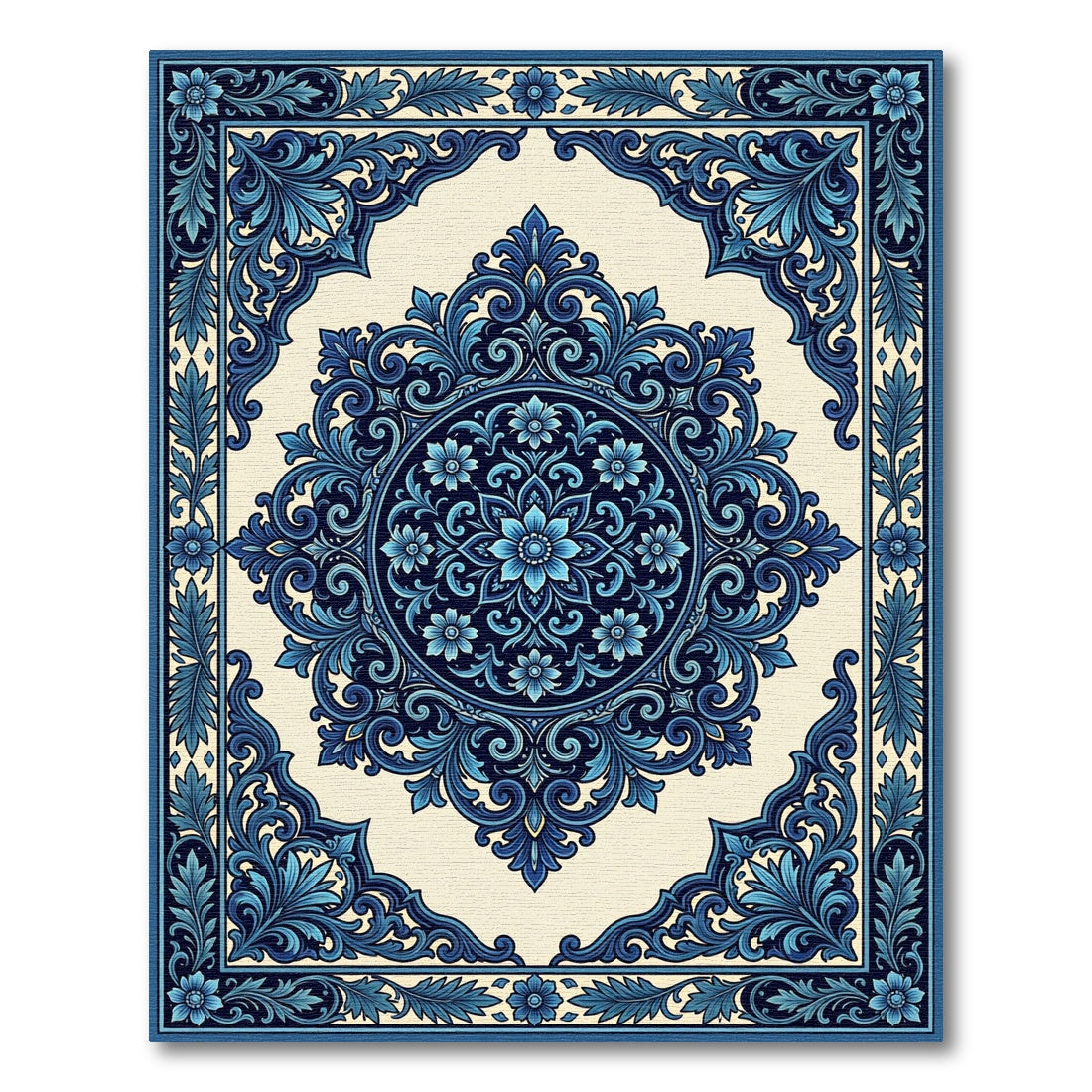 Deep Blue Floral Scroll Medallion Rug