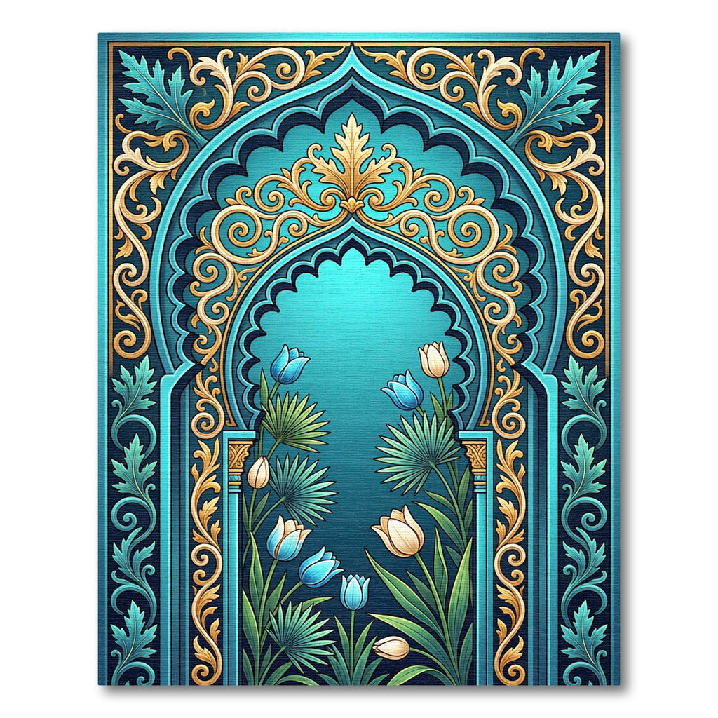 Turquoise Golden Floral Arch Garden Rug