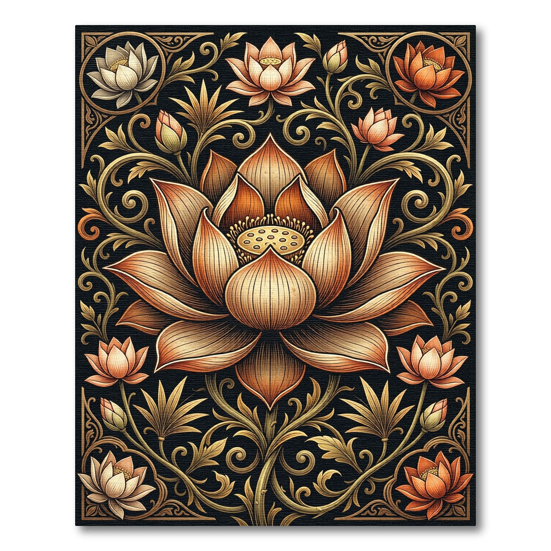 Ornate Golden Lotus Botanical Art Rug