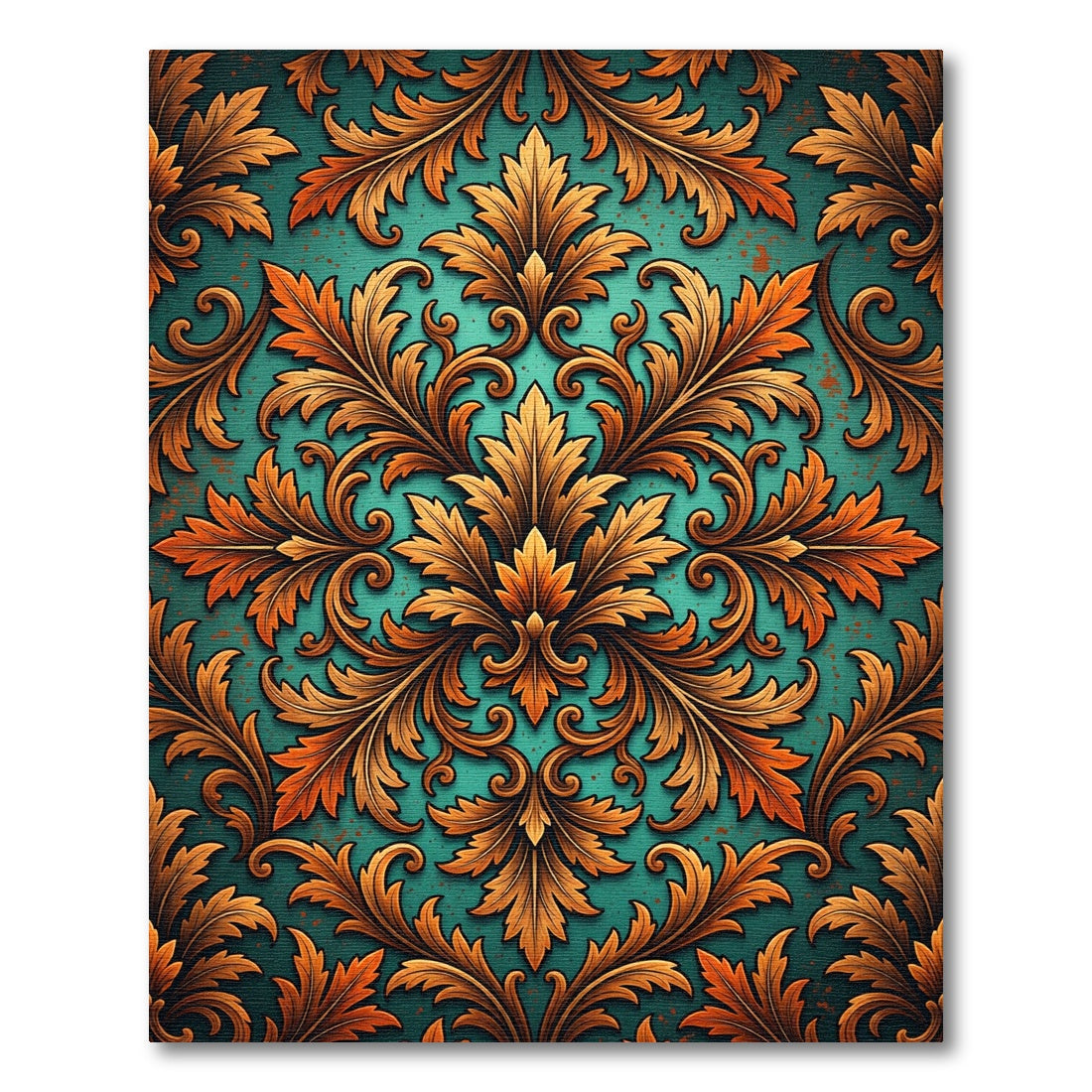 Ornate Golden Acanthus Teal Damask Rug