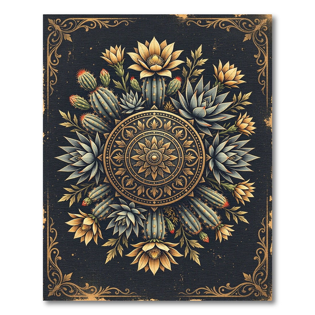Ornate Golden Cactus Succulent Mandala Rug