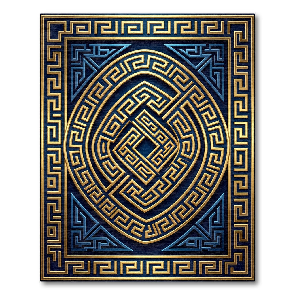 Gold and Navy Greek Key Medallion Rug