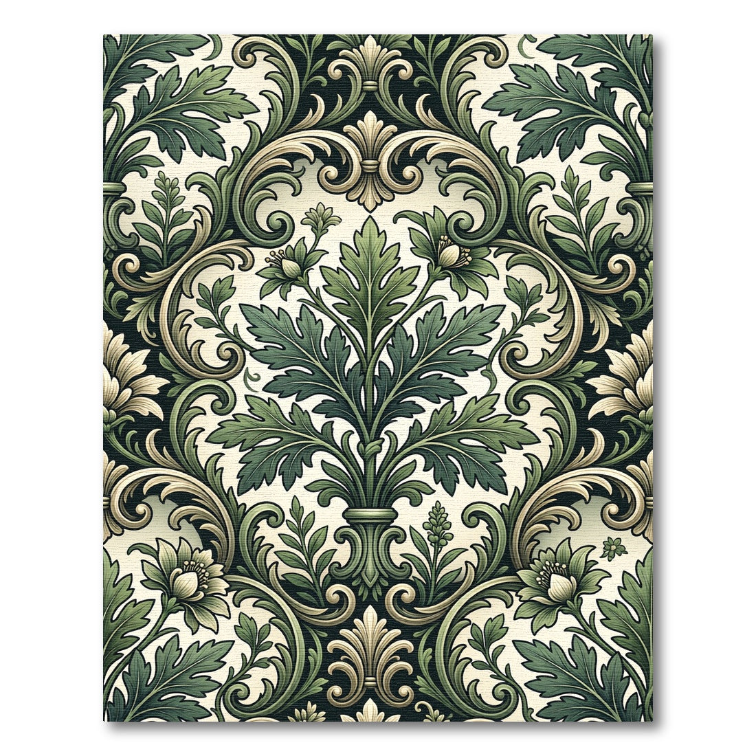 Elegant Sage Damask Scroll Leaf Illustration Rug