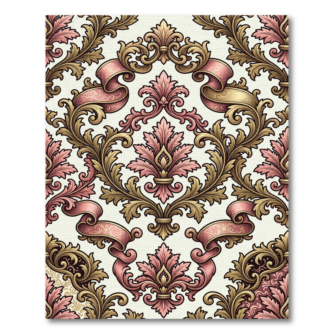 Elegant Pink and Gold Damask Scroll Rug