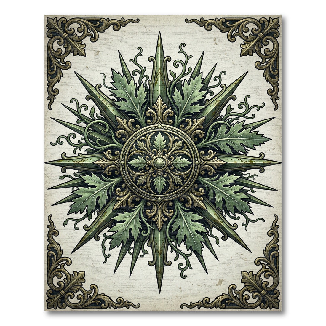 Ornate Sage Botanical Compass Medallion Rug