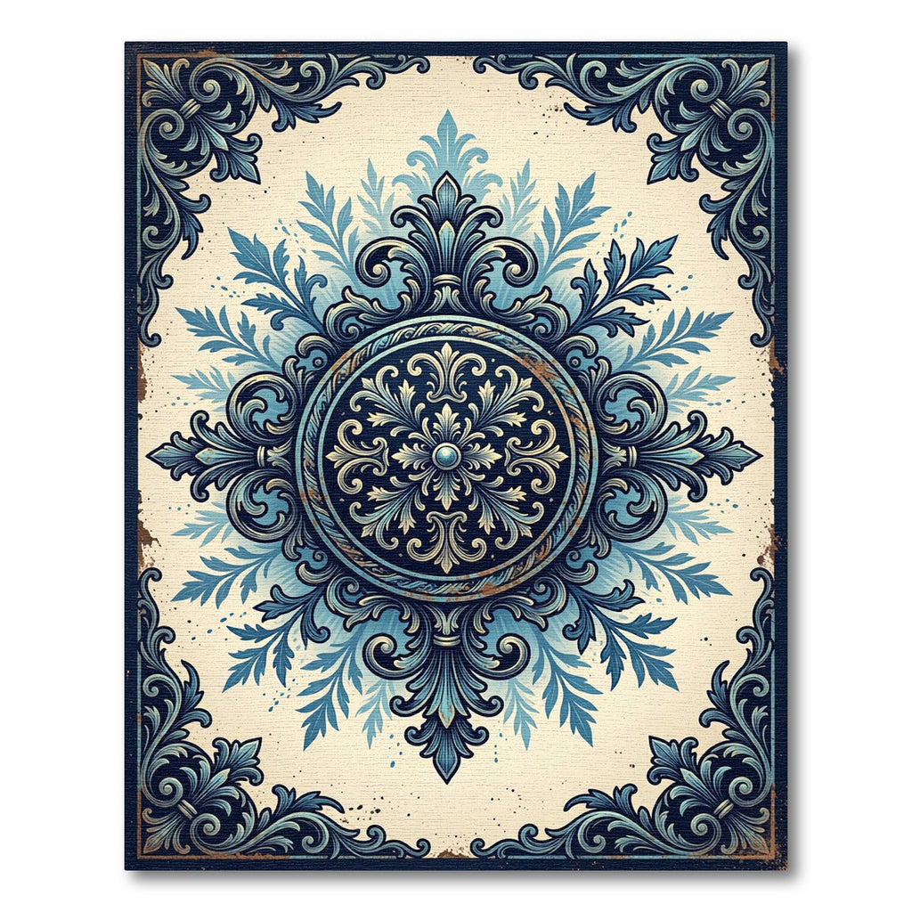 Ornate Blue Filigree Damask Medallion Rug