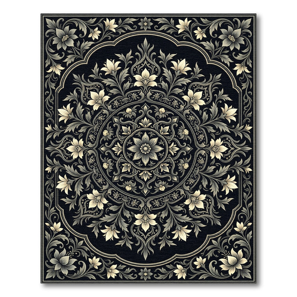 Cream Floral Scrollwork Black Rug