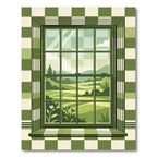 Sage Green Checkered Window Scenic Landscape Rug