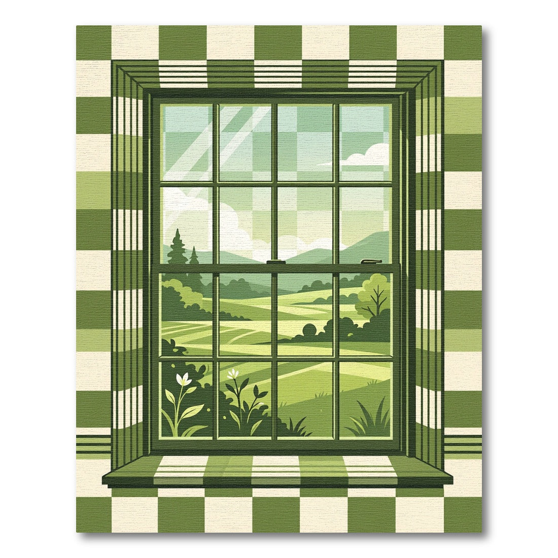 Sage Green Checkered Window Scenic Landscape Rug