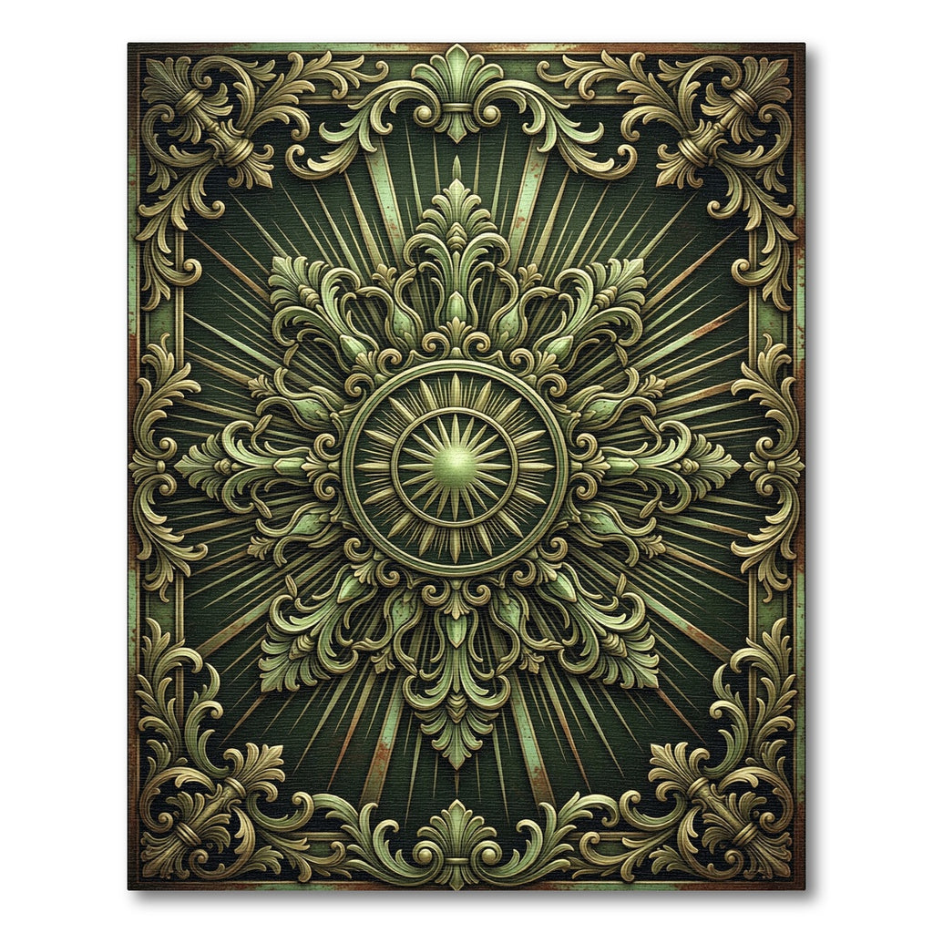 Ornate Sage Green Sunburst Medallion Rug