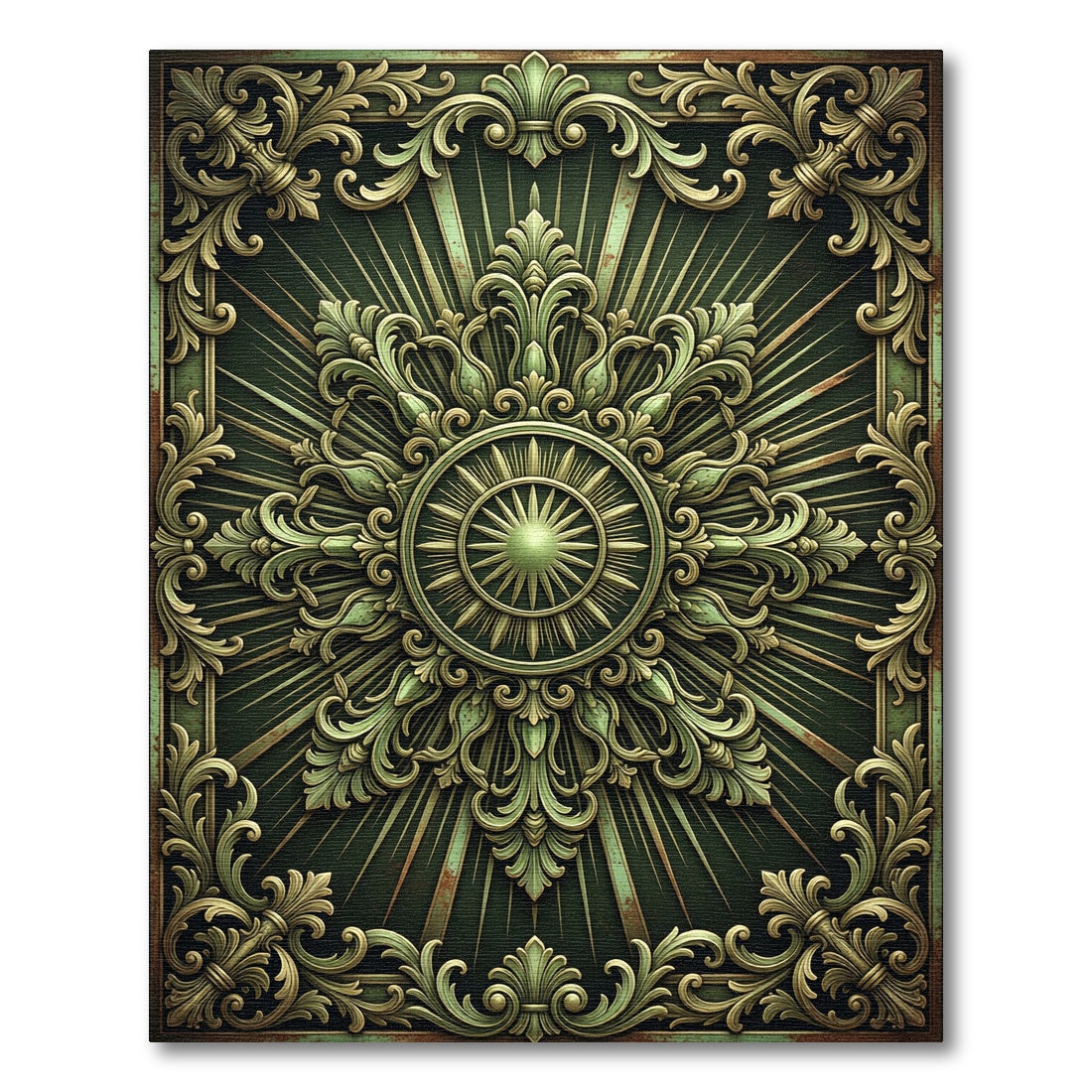 Ornate Sage Green Sunburst Medallion Rug