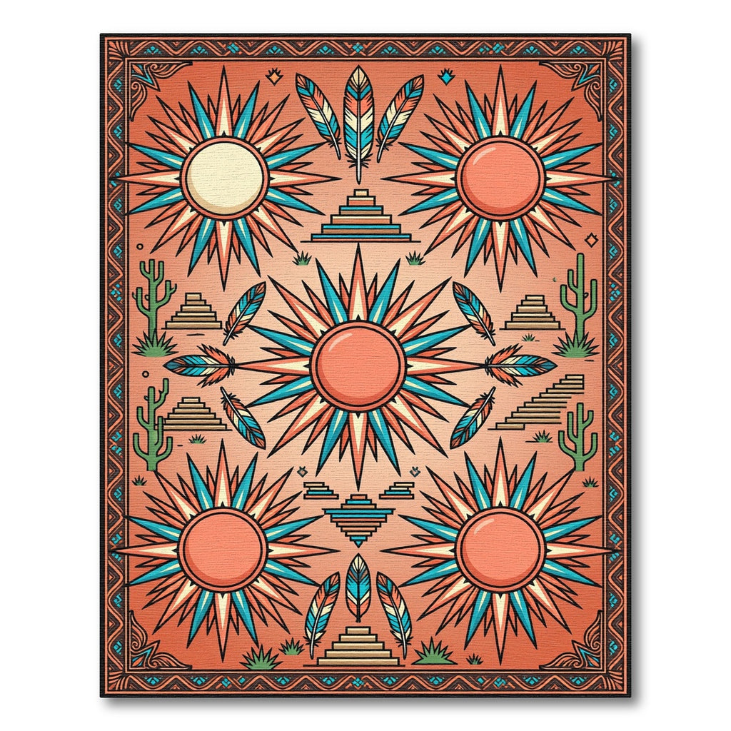 Coral Sunburst Feather Pyramid Composition Rug