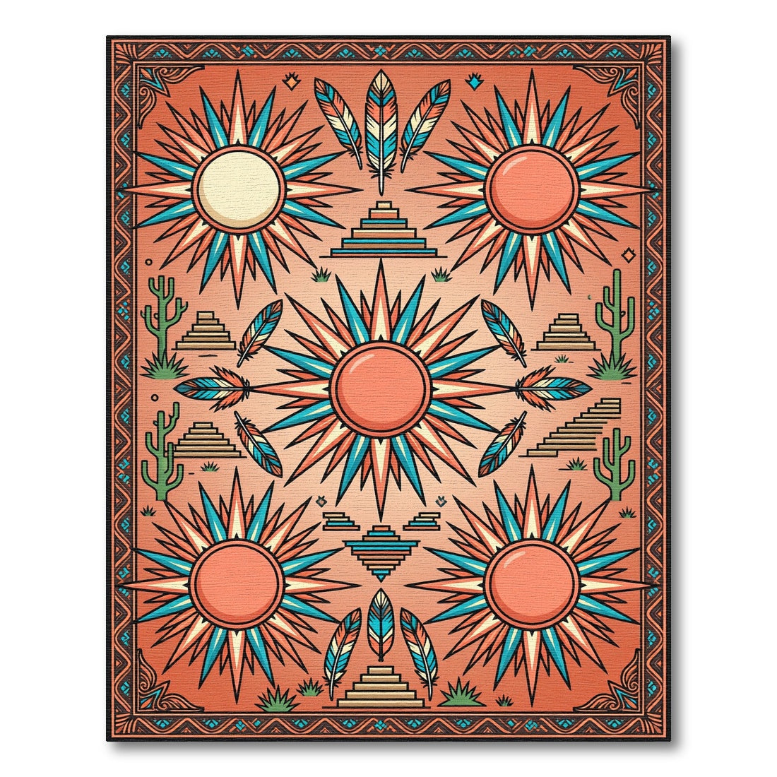 Coral Sunburst Feather Pyramid Composition Rug