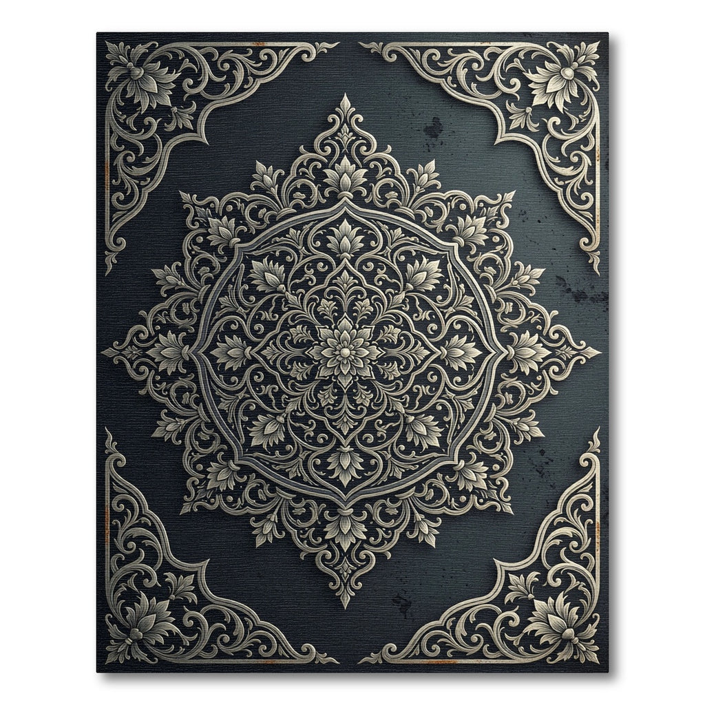 Ornate Silver Floral Medallion Charcoal Backdrop Rug