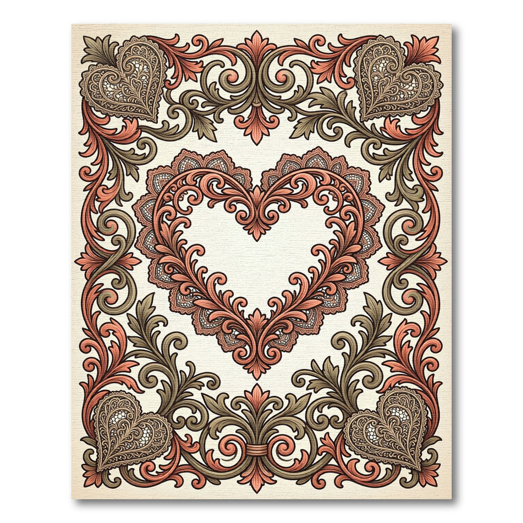 Ornate Coral Heart Vine Scroll Rug