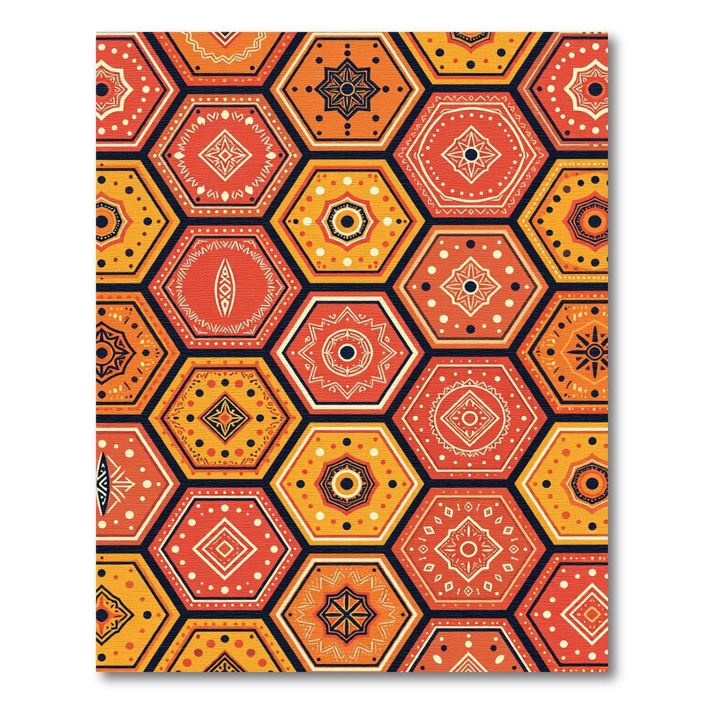 Orange Hexagonal Medallion Folk Art Rug