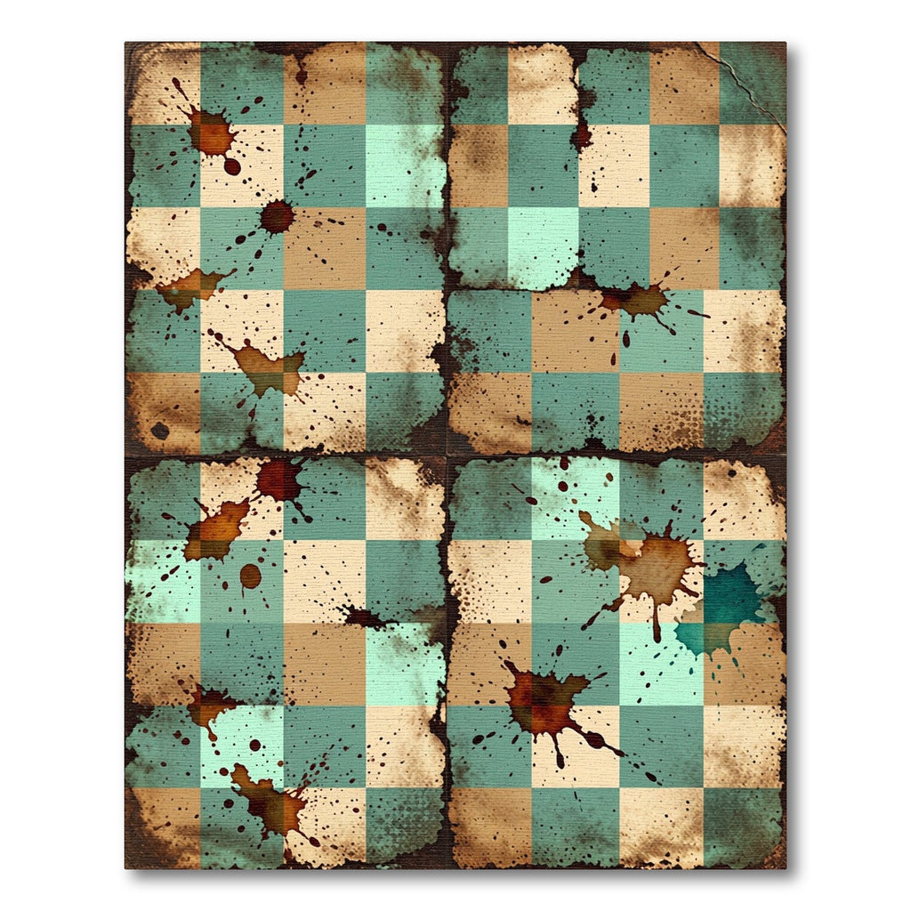 Distressed Teal and Tan Checkered Ink Rug