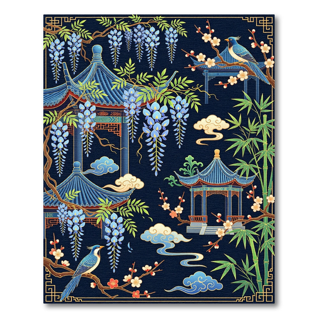 Chinoiserie Pavilion Wisteria Blue Garden Rug