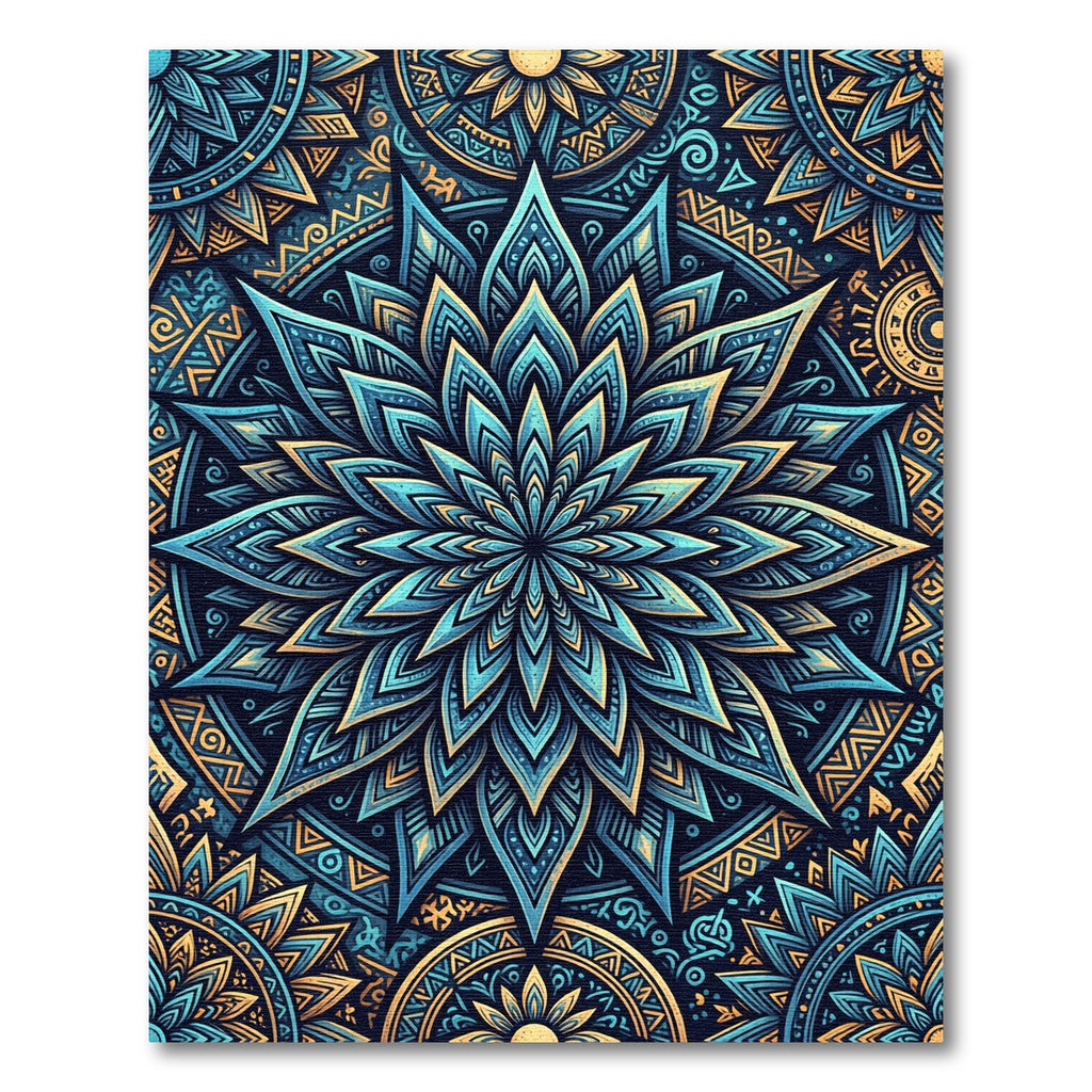 Blue Gold Mandala Lotus Sacred Geometry Rug